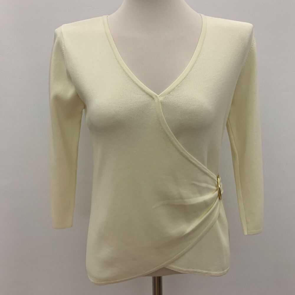 Joseph A Women's Knit Top Medium‎ Ivory Cream Faux Wrap NWT